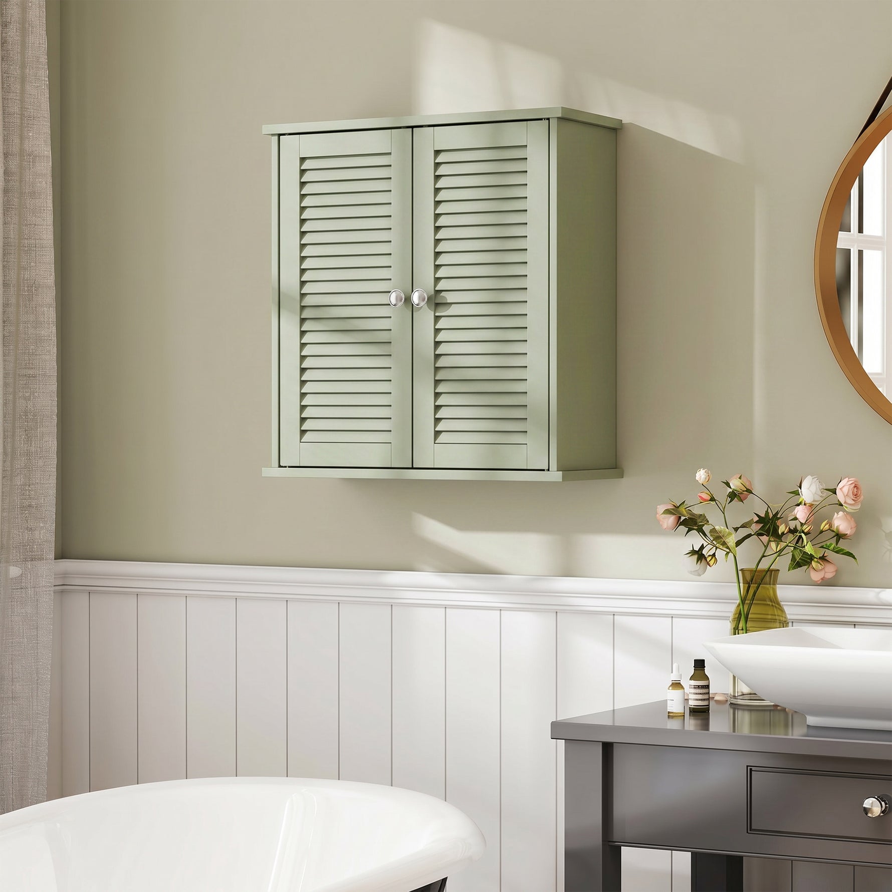 Armoire murale de salle de bain, meuble de rangement suspendu avec 2 portes persiennes et étagère réglable, vert