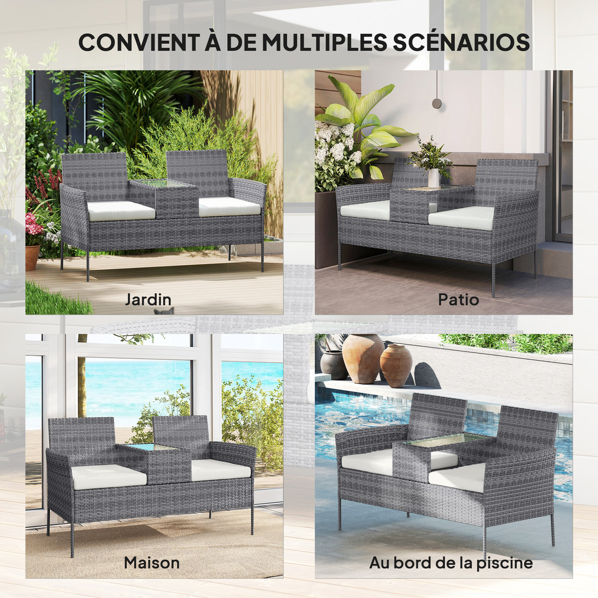 Banc de Jardin en résine tressée 2 Places avec Table et Coussins - 135 x 64 x 81 cm - pour Balcon et Terrasse Noir