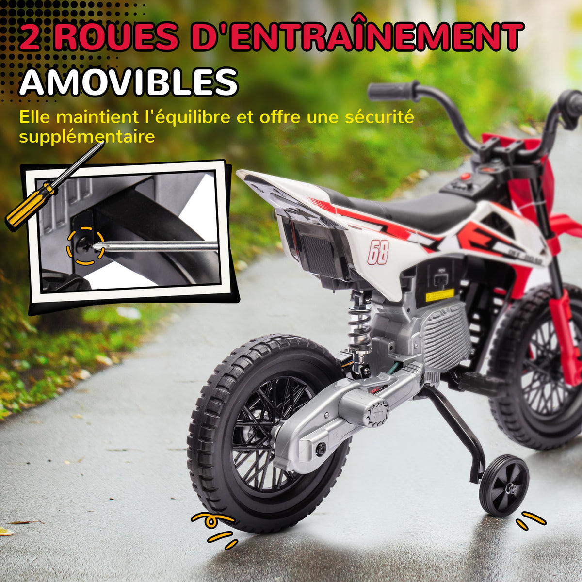Moto électrique pour enfant moto cross pour enfants de 3 à 6 ans 2 moteurs 12V vitesse max. 5 km/h rouge