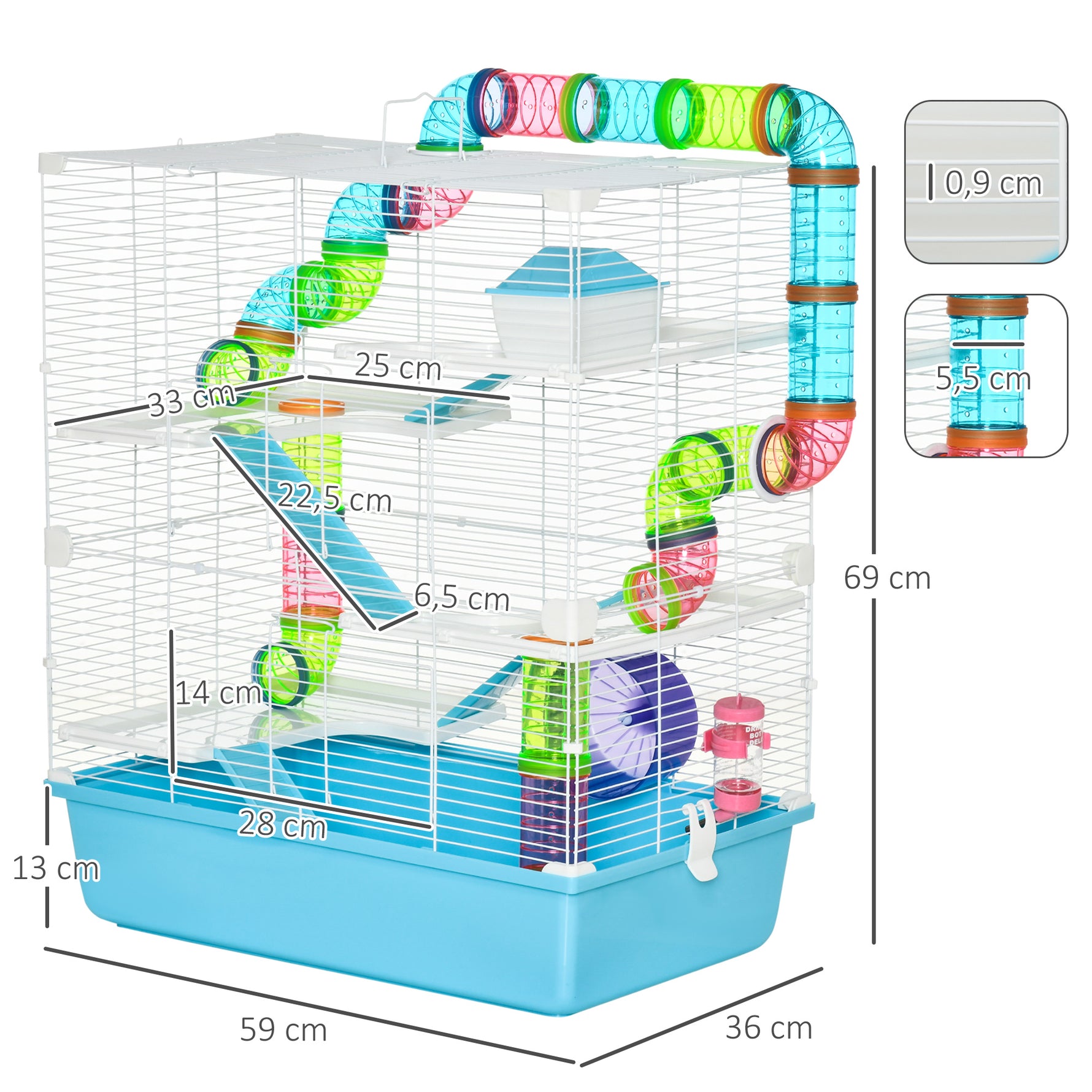 Grande cage pour hamsters cage pour rongeur 5 niveaux avec tunnels abreuvoir roue maisonnette échelles dim. 59L x 36l x 69H cm