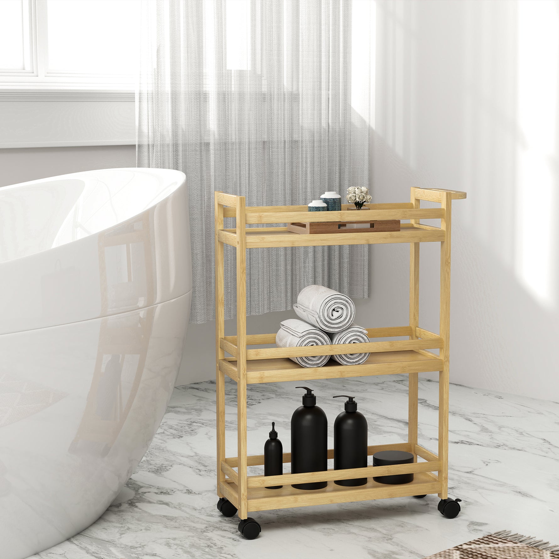 Étagère de rangement de salle de bain en bambou à 3 niveaux avec roulettes pour cuisine, salle de bain, salon - naturel