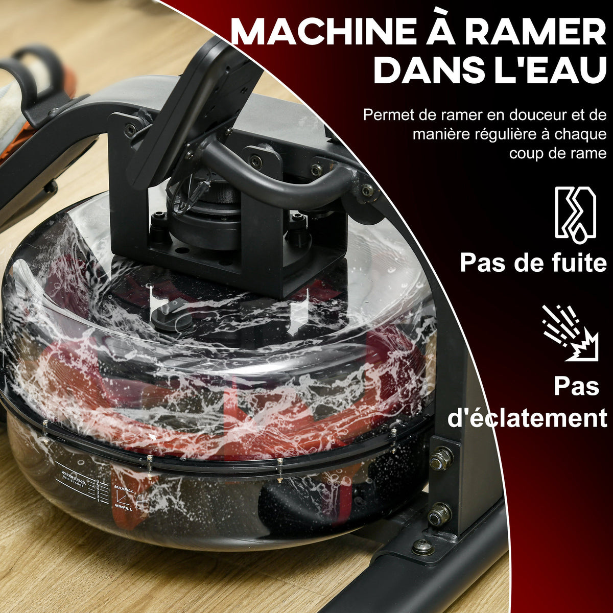 Rameur à eau d'appartement rameur d'appartement pliable 6 niveaux de résistance écran LCD multifonction acier PC noir