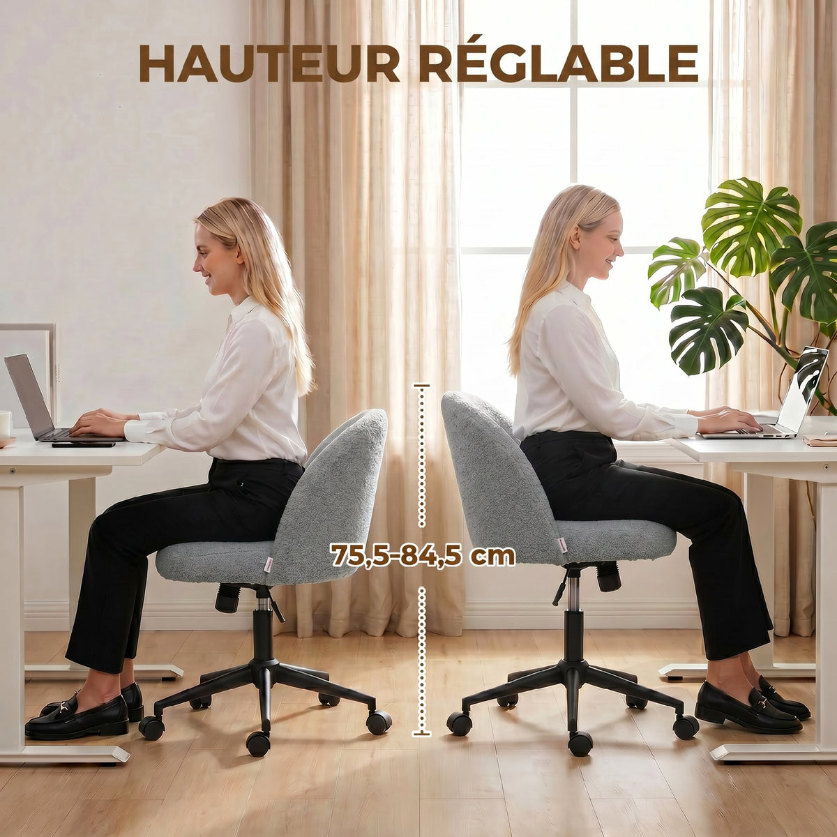 Chaise de Bureau Pivotante en Fourrure Teddy, Hauteur Réglable, Roulettes, Mousse Haute Résilience, Gris