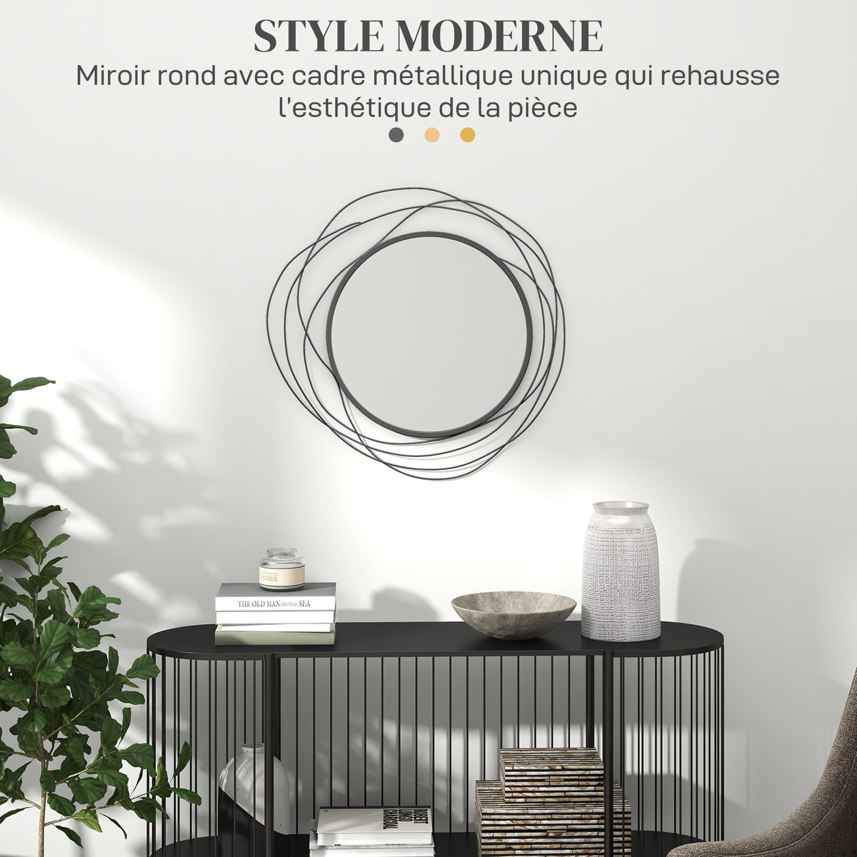 Espejo redondo de metal con perfil negro, decoración de estilo moderno, diámetro Φ65 cm