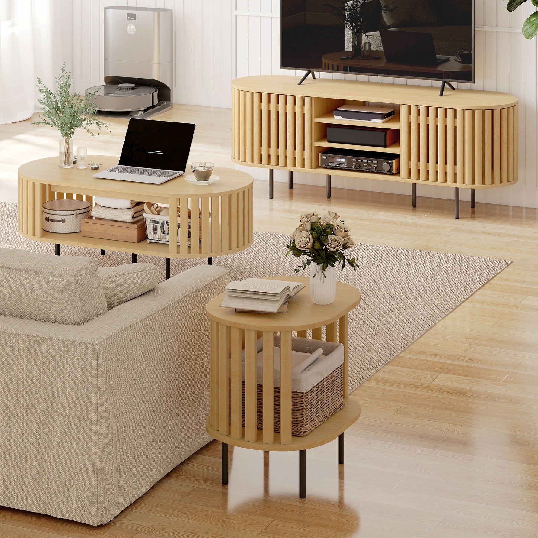 Meuble TV, meuble télé pour téléviseur 60 pouces, 2 portes à lattes, 140x40x52cm, bois naturel