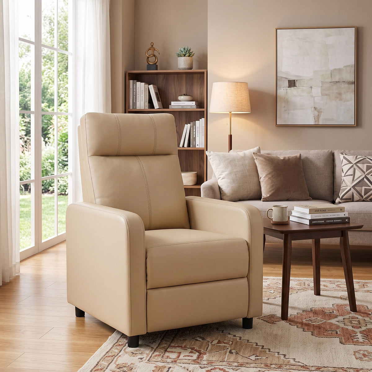 Fauteuil Relax Inclinable, Fauteuil de Relaxation en PU avec Repose-Pieds, Dossier Réglable par Poussée, Beige