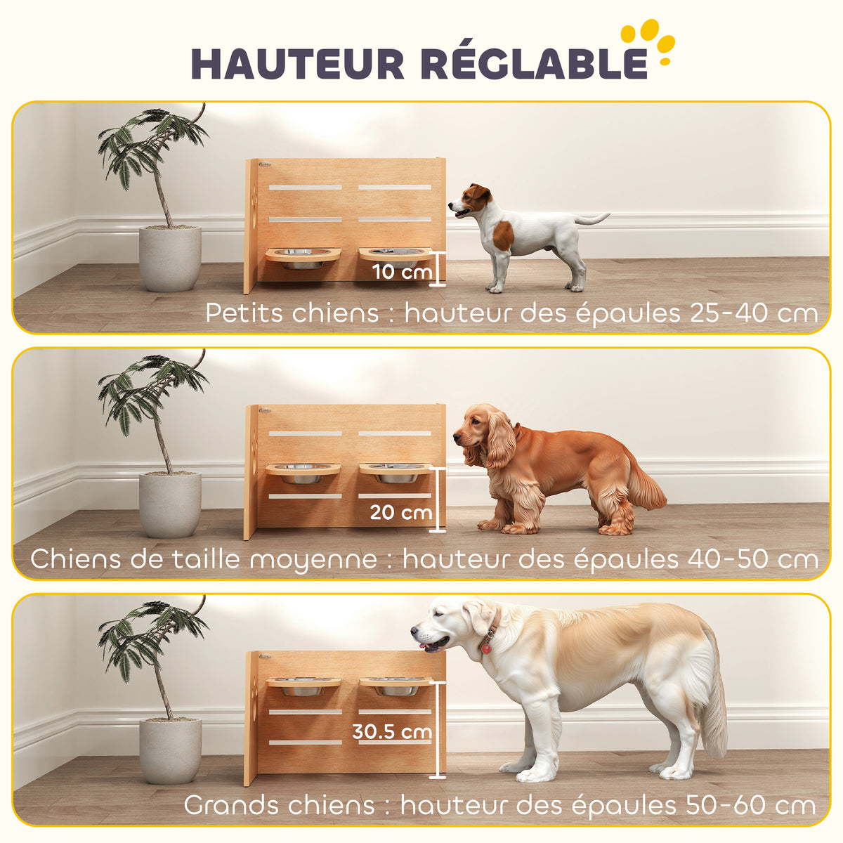 Gamelle chien surélevée de 3 hauteurs ajustables gamelle pour chien 2 bols acier inoxydable 63 x 58,5 x 40 cm chêne