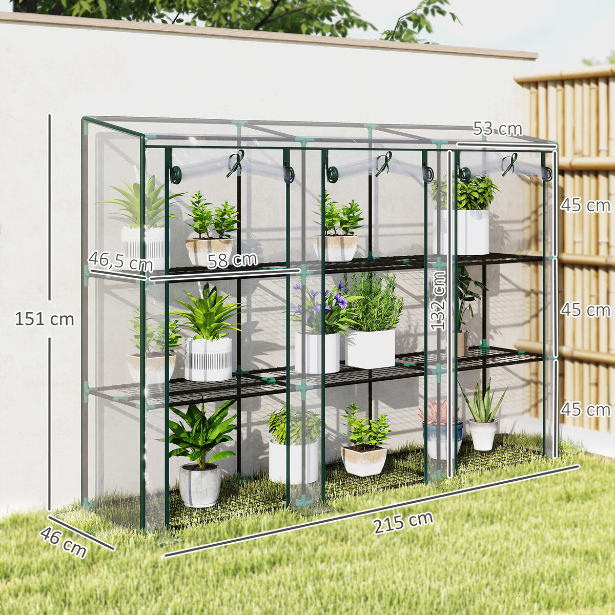Serre de jardin avec étagères à 3 niveaux serre de balcon 3 portes enroulables zippées 215 x 46 x 151 cm transparent