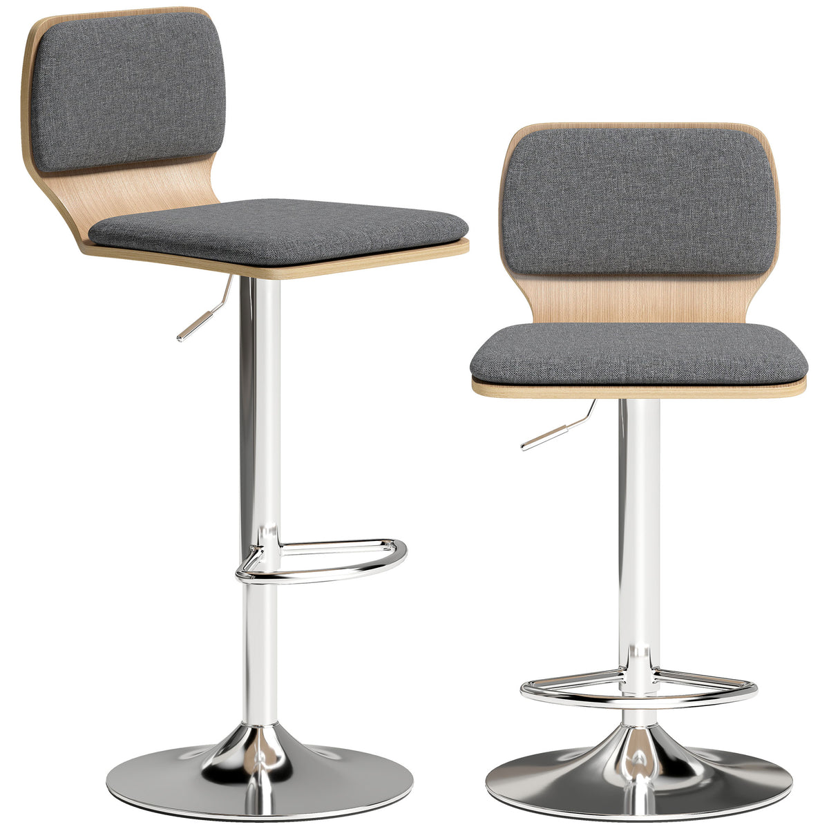 Lot de 2 tabourets de bar chaises de bar réglable en hauteur dossier repose-pieds pivotant 360° 41x47,5x81-102cm gris