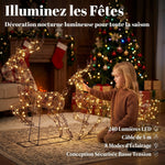 Set di 2 Renne di Natale con Slitta Luminosa 3 Pezzi, 240 LED Bianco Caldo, 8 Modalità e Timer, 78x22x105cm, Marrone