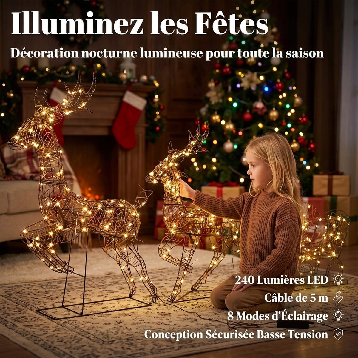 Set di 2 Renne di Natale con Slitta Luminosa 3 Pezzi, 240 LED Bianco Caldo, 8 Modalità e Timer, 78x22x105cm, Marrone