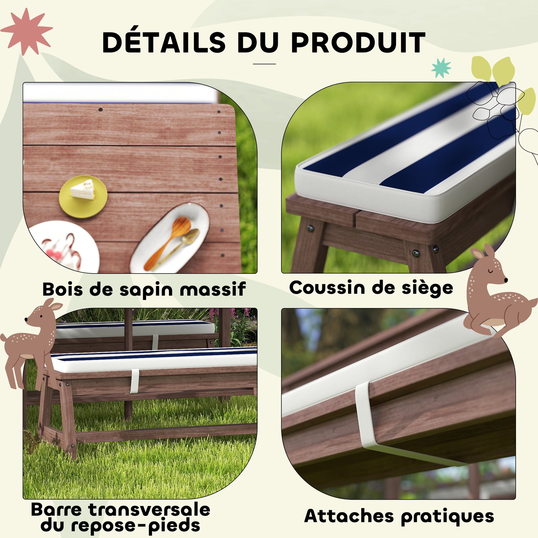 Ensemble salon de jardin extérieur enfant avec coussins et parasol amovible, rayé bleu marine et blanc