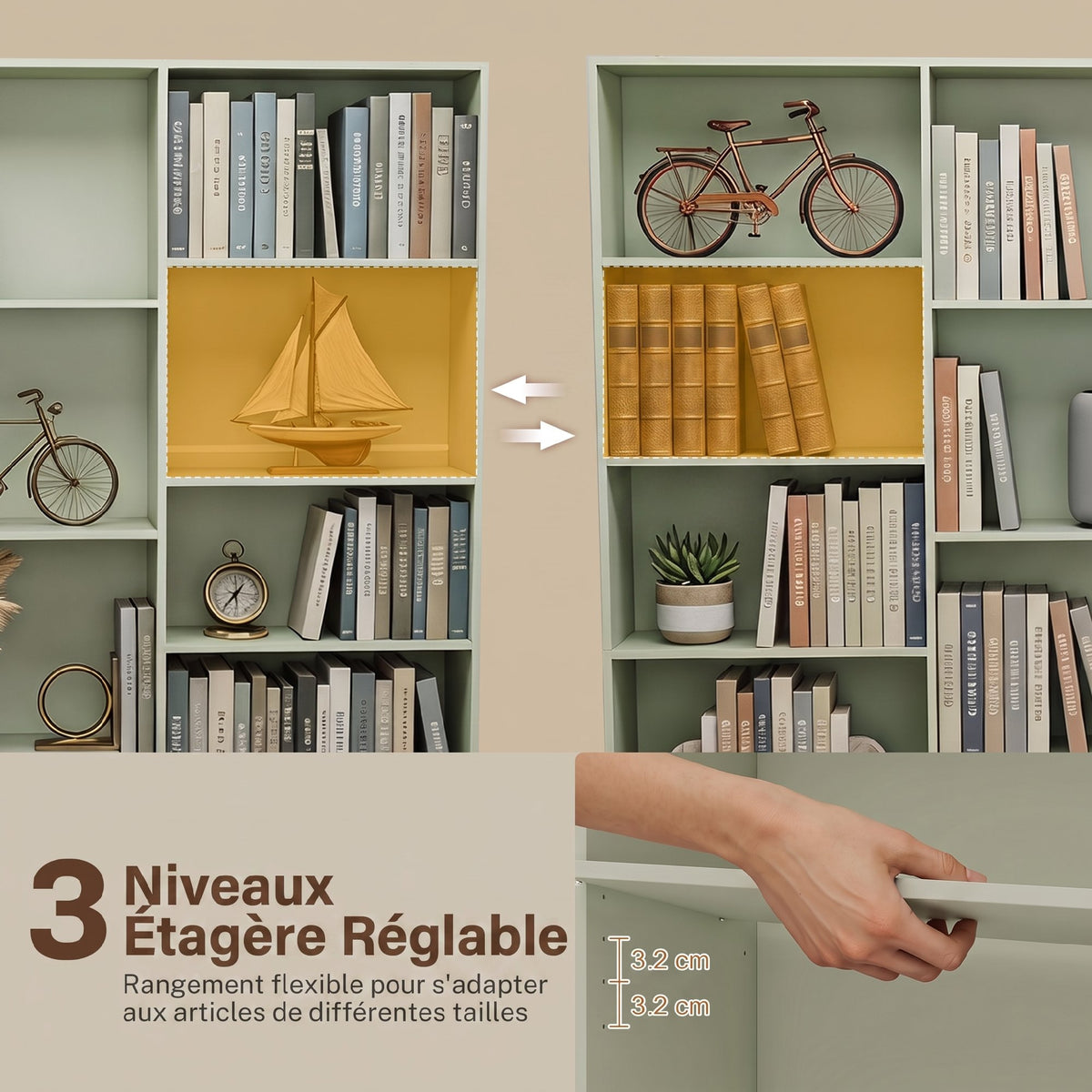 Bibliothèque 6 Niveaux, Étagère de Rangement avec 17 Compartiments et Étagères Réglables, 149 x 23,6 x 188 cm, Vert