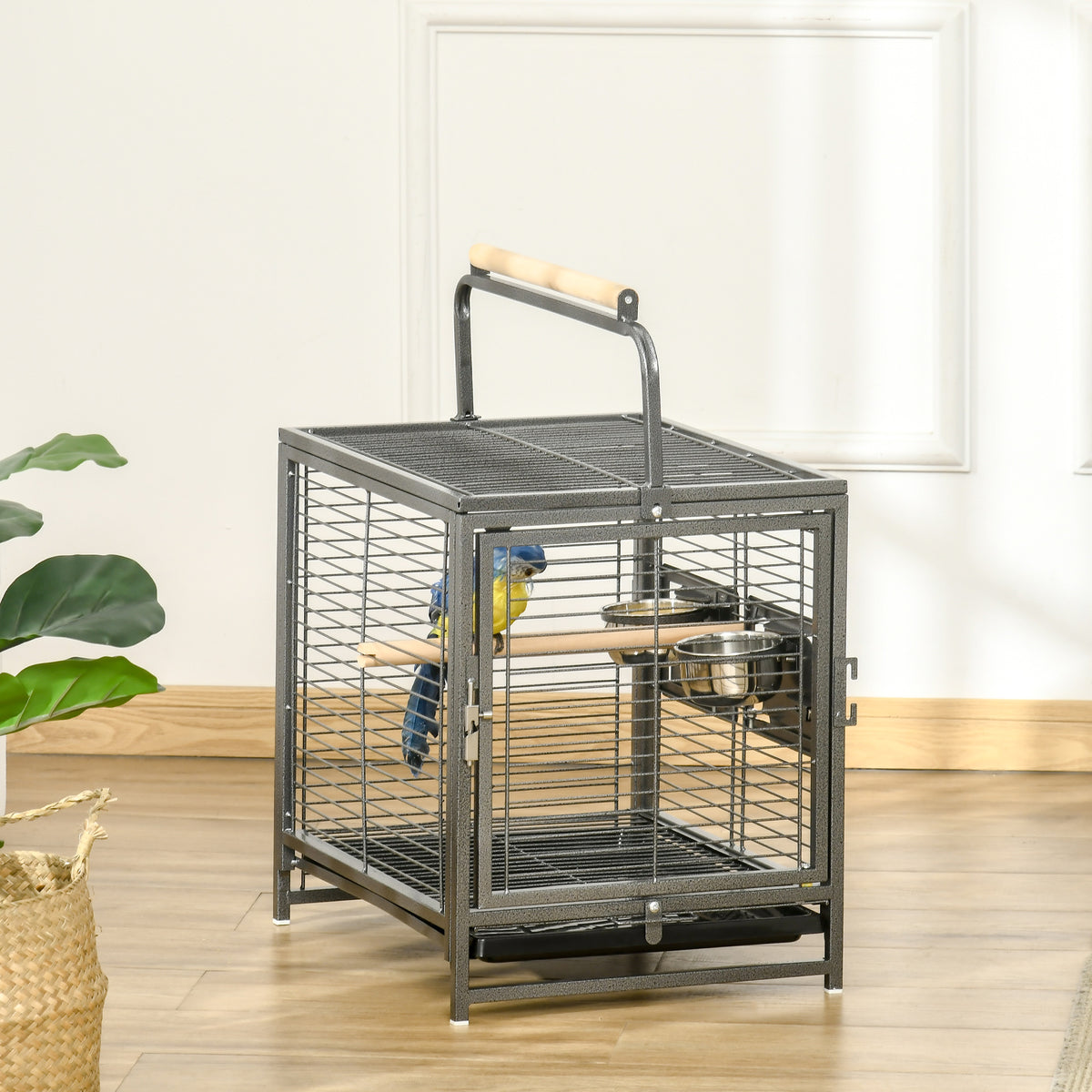 Stalen transportkooi voor papegaaien, vogelkooi met 2 roestvrijstalen bakjes, 2 zitstokken, lade, zwart