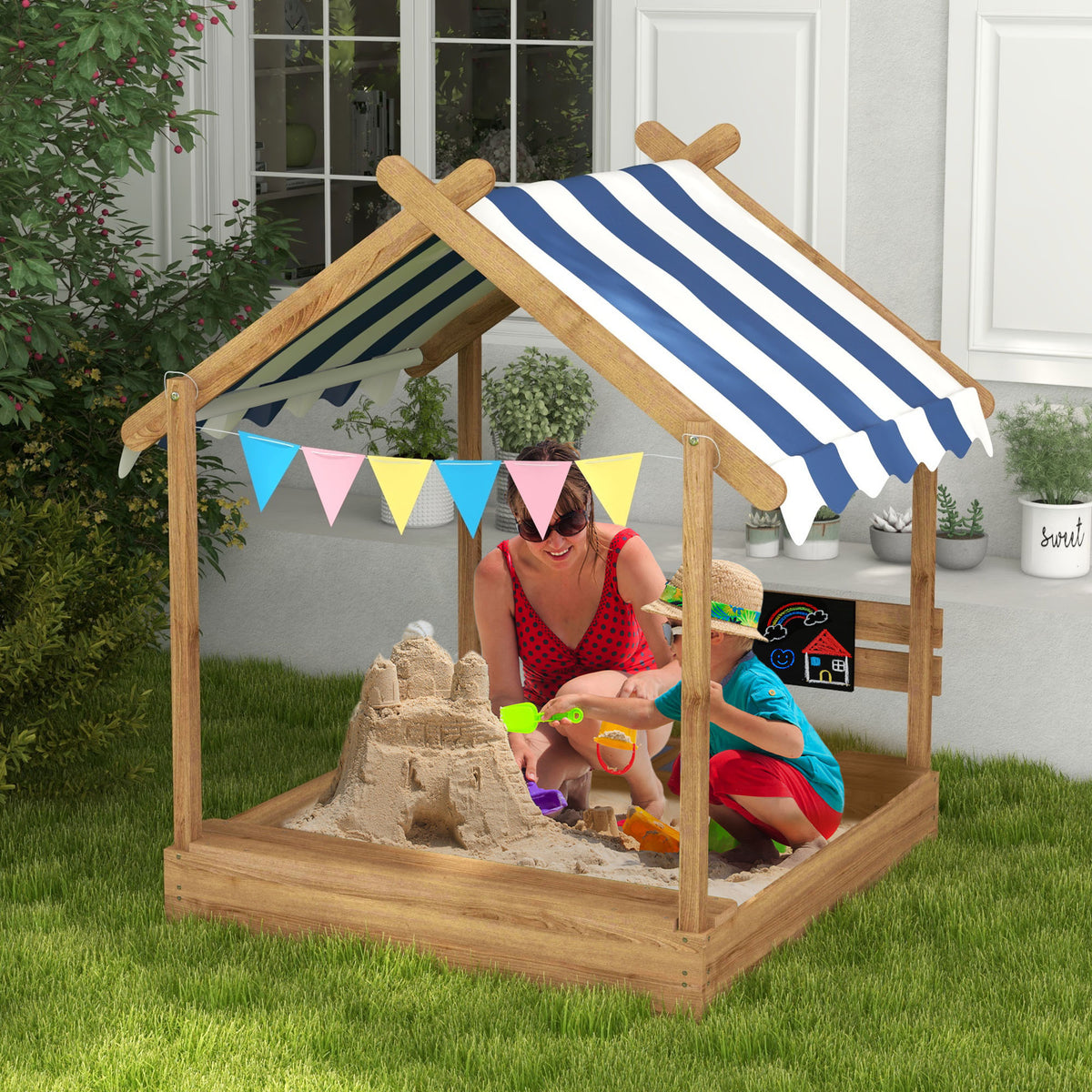 Holz-Sandkasten in Hausform für Kinder mit Vordach, 2 Becken, Spüle und Tafel, 124 x 116 x 146 cm, Schwarz