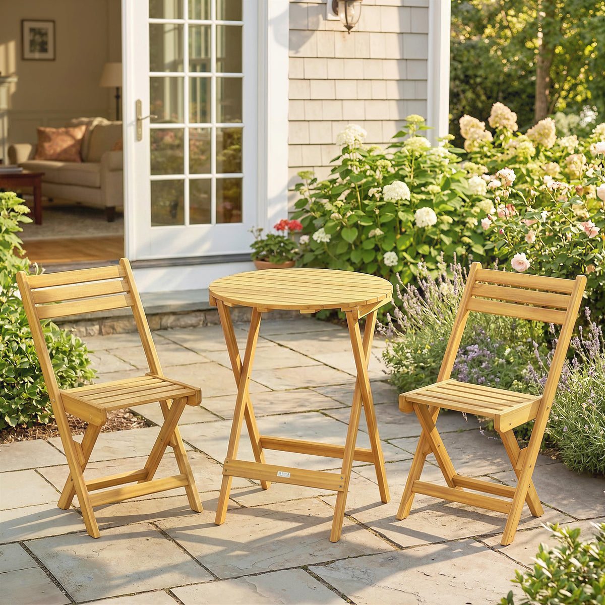 Set de bistró plegable de 3 piezas de madera de acacia con mesa redonda y 2 sillas, sin montaje, 60x60x75 cm, natural