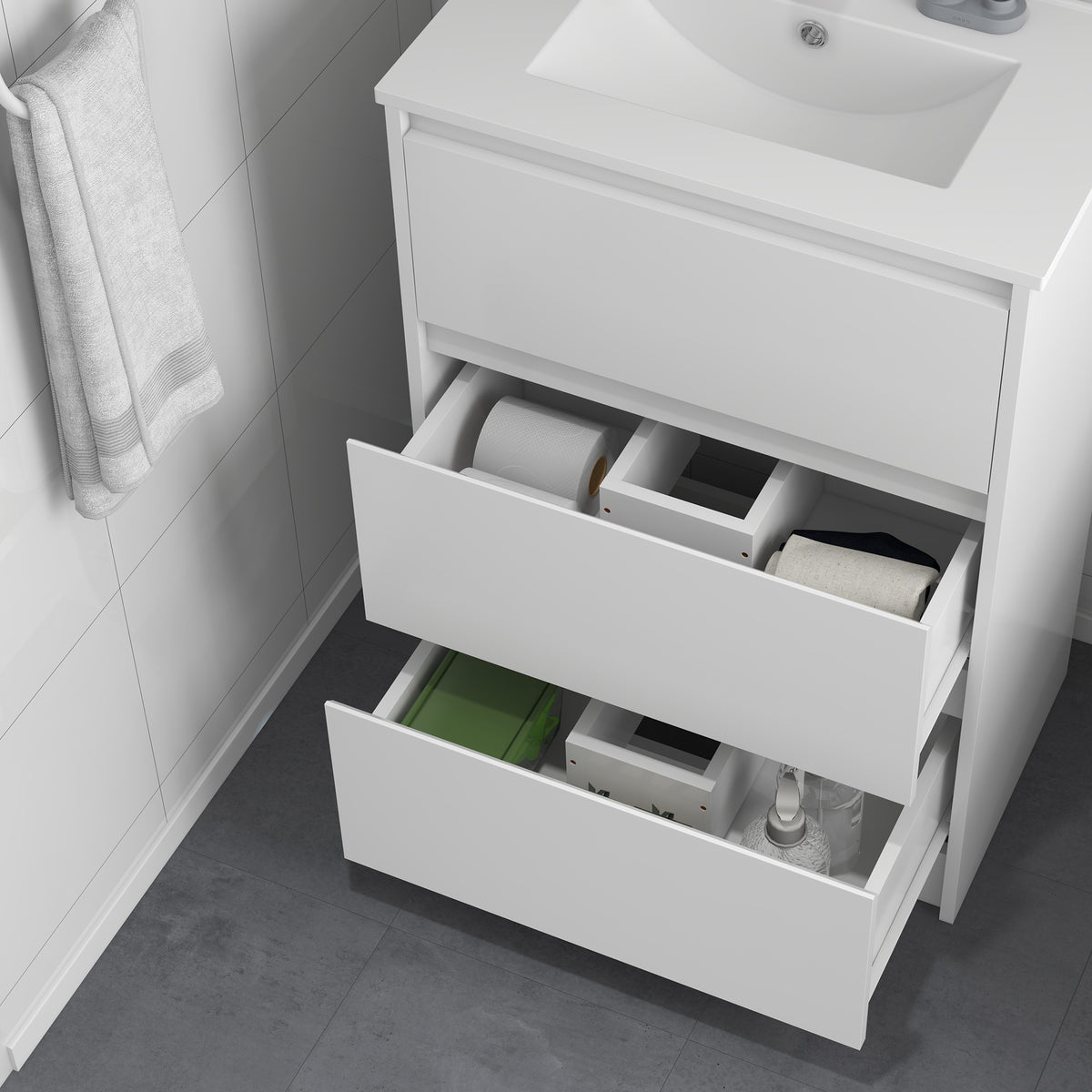 Meuble de salle de bain avec 2 tiroirs et vasque en céramique de synthèse 61 x 37 x 88 cm blanc brillant laqué