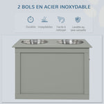 Gamelles chiens surélevées gamelle double chien chat Porte-gamelles surélevé dim. 60L x 30l x 41H cm 2 gamelles 2L poignées coffre bois gris