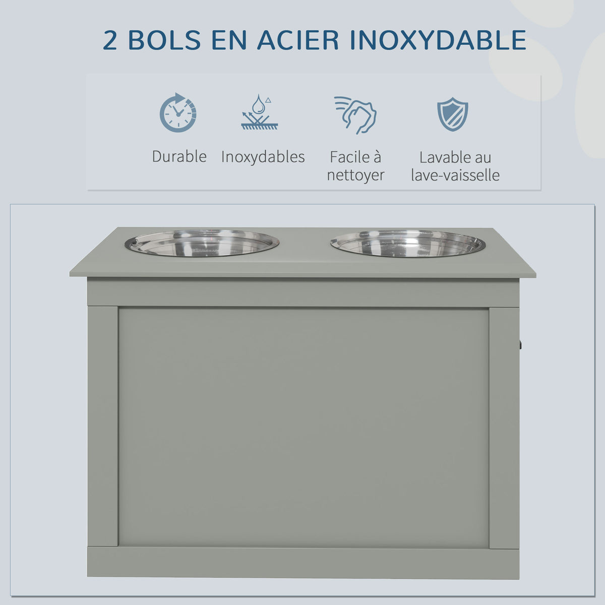 Gamelles chiens surélevées gamelle double chien chat Porte-gamelles surélevé dim. 60L x 30l x 41H cm 2 gamelles 2L poignées coffre bois gris