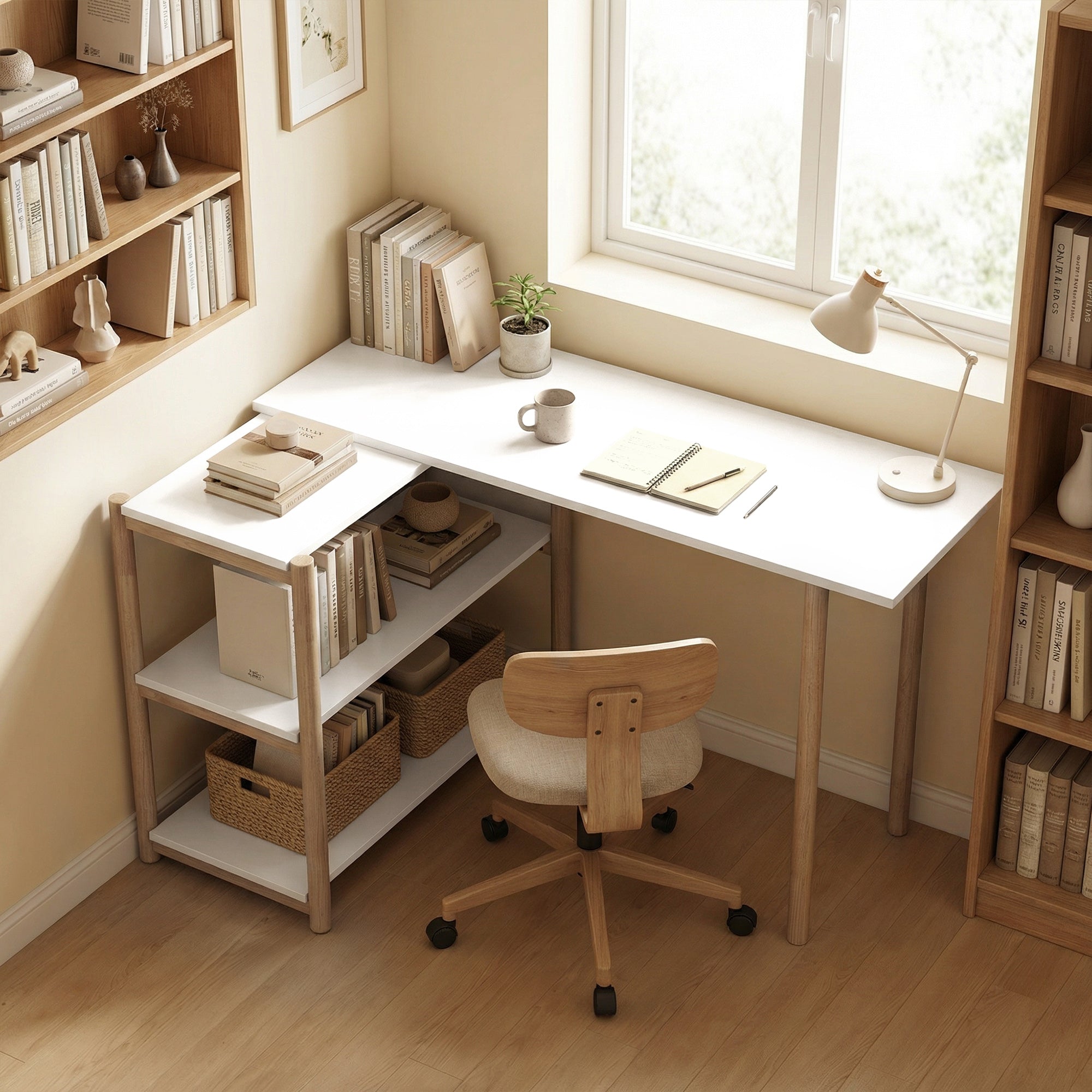 Bureau pliable, bureau d'ordinateur moderne avec étagères de rangement et cadre en bambou, blanc et chêne