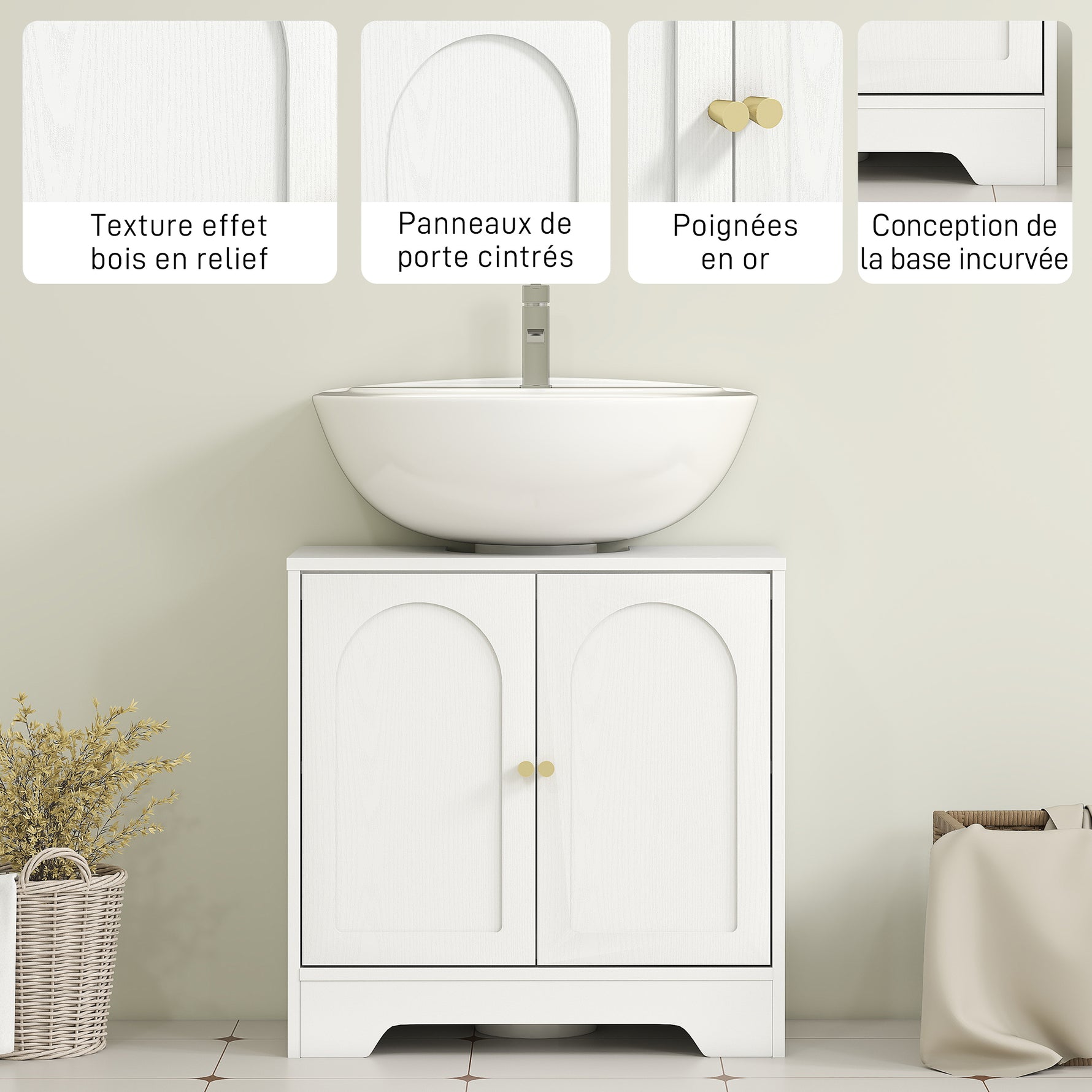 Meuble sous lavabo salle de bain avec placard à portes et étagère réglable, pour bassin avec ou sans pédestal, blanc