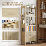 Bibliothèque haute, meuble de rangement avec 4 étagères ouvertes et 2 tiroirs cannelés, 60 x 30 x 160 cm, bois naturel