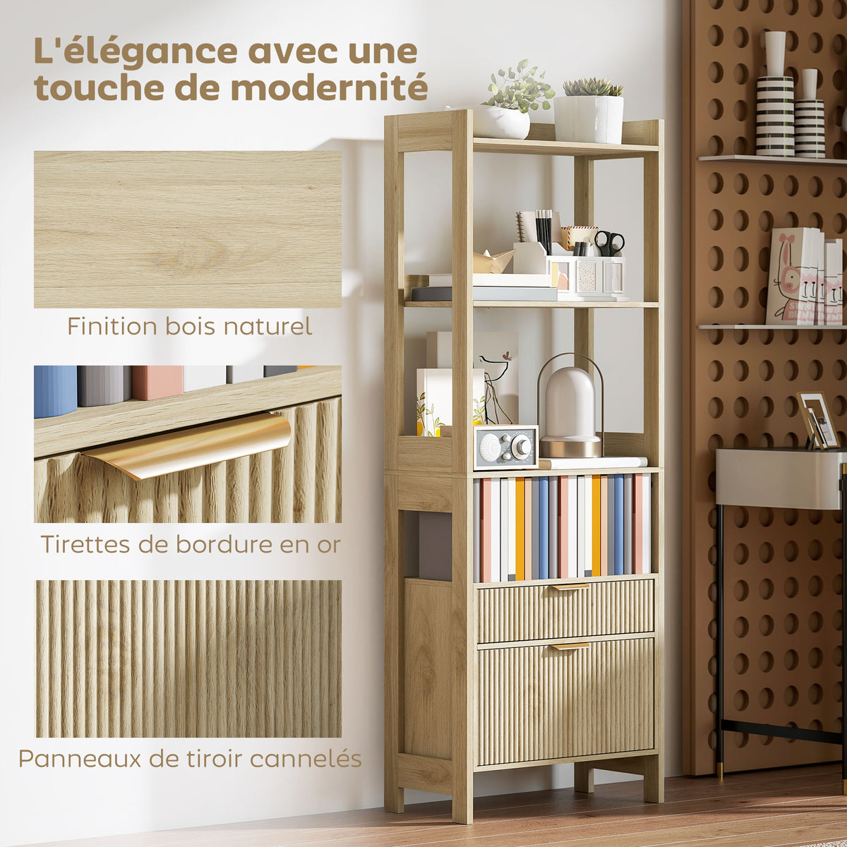 Bibliothèque haute, meuble de rangement avec 4 étagères ouvertes et 2 tiroirs cannelés, 60 x 30 x 160 cm, bois naturel