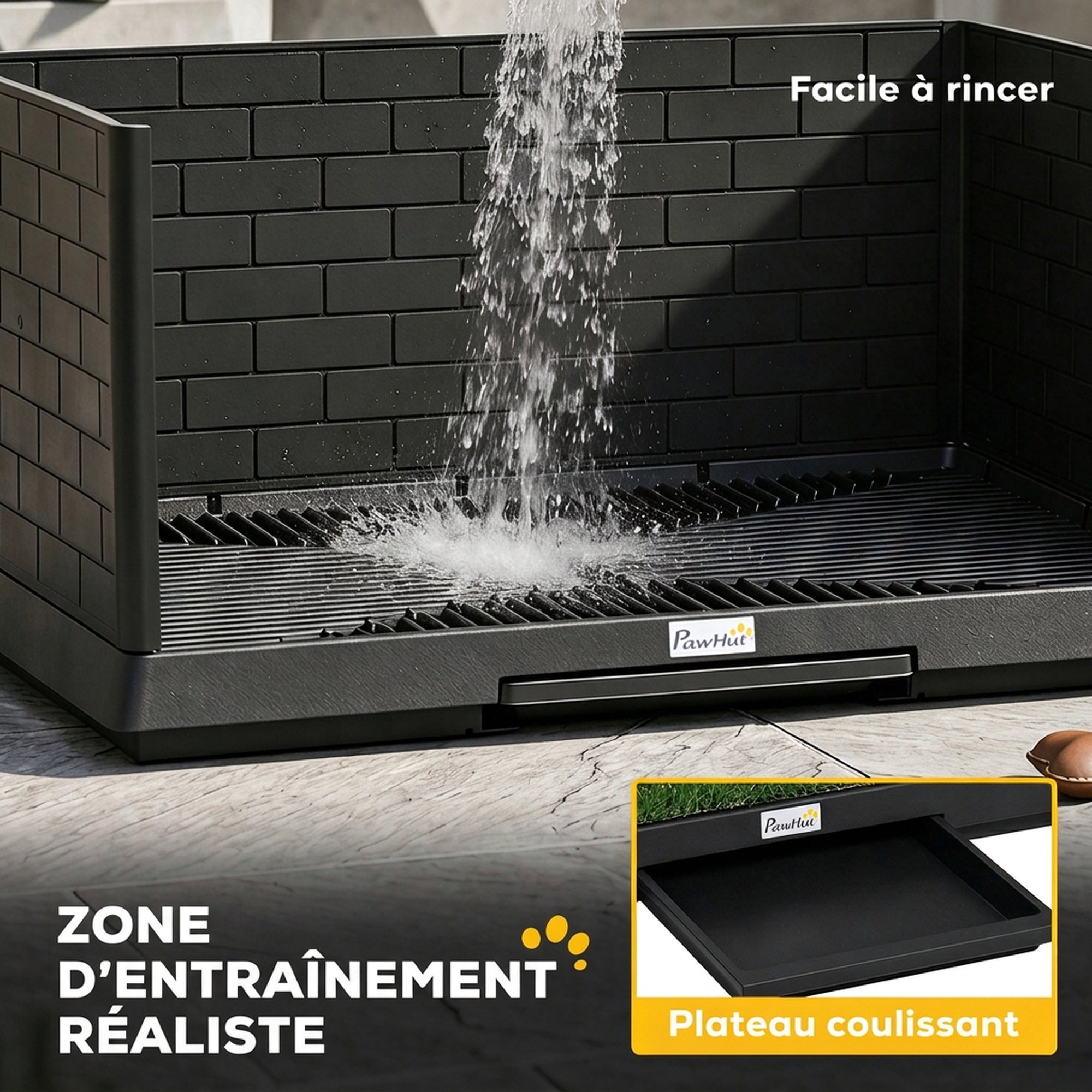 Dog Toilet with Artificial Grass, High Walls and Slide-out Tray, Drainage System, 75x51x36.5cm, Black