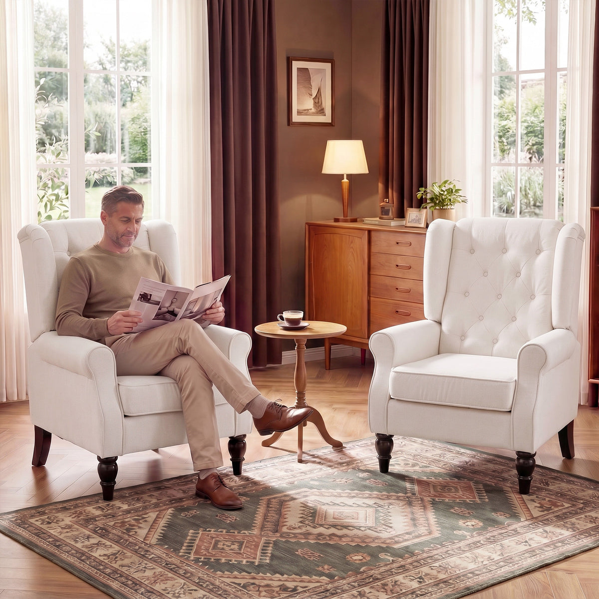 Fauteuil de Salon, Fauteuil d'Appoint Mid-Century Moderne en Flanelle Neige avec Haut Dossier Oreiller Capitonnée, Crème
