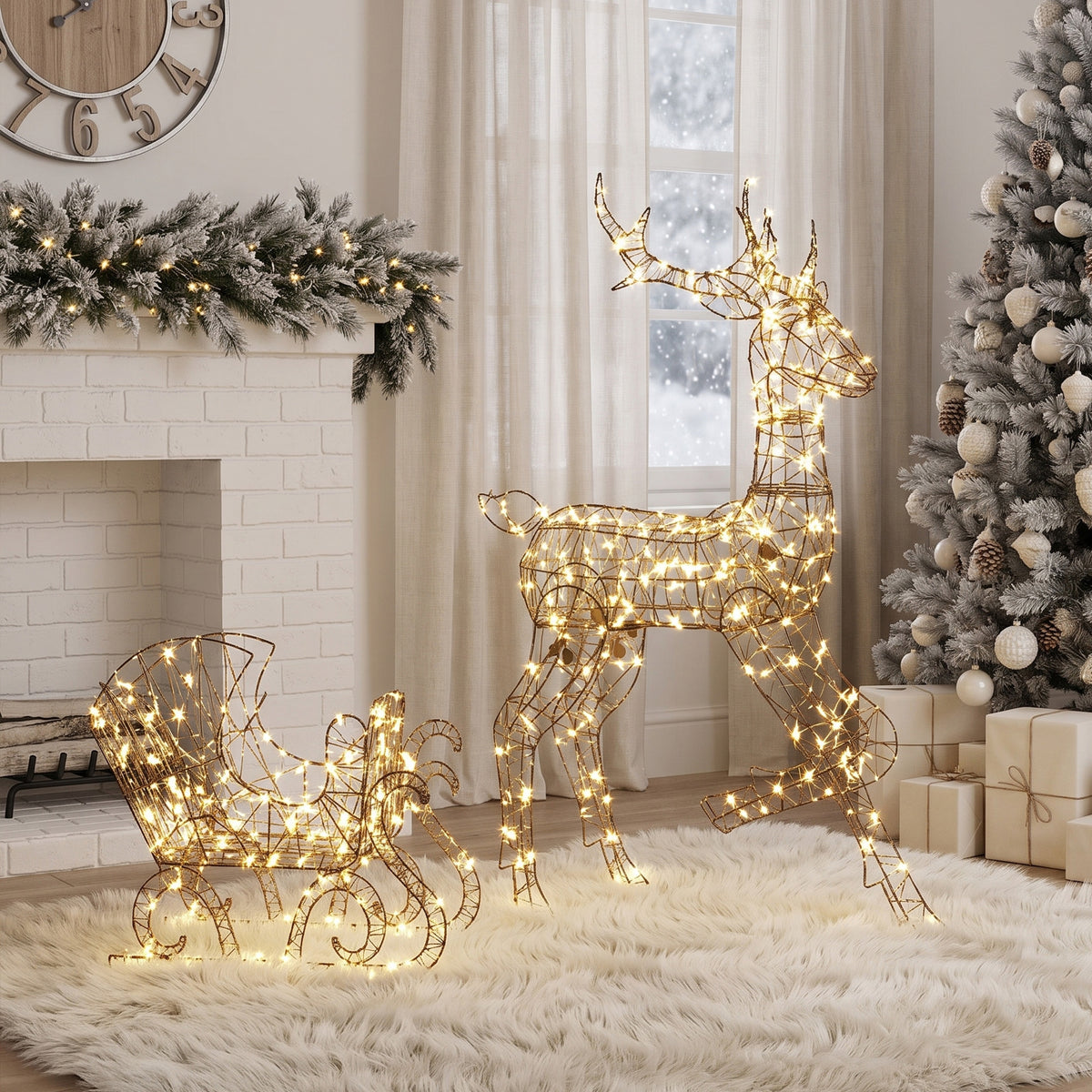 Renna di Natale con Slitta Luminosa 2 Pezzi in Rattan PP, 175 LED Bianco Caldo, 8 Modalità, Timer, 82x32x120cm, Marrone