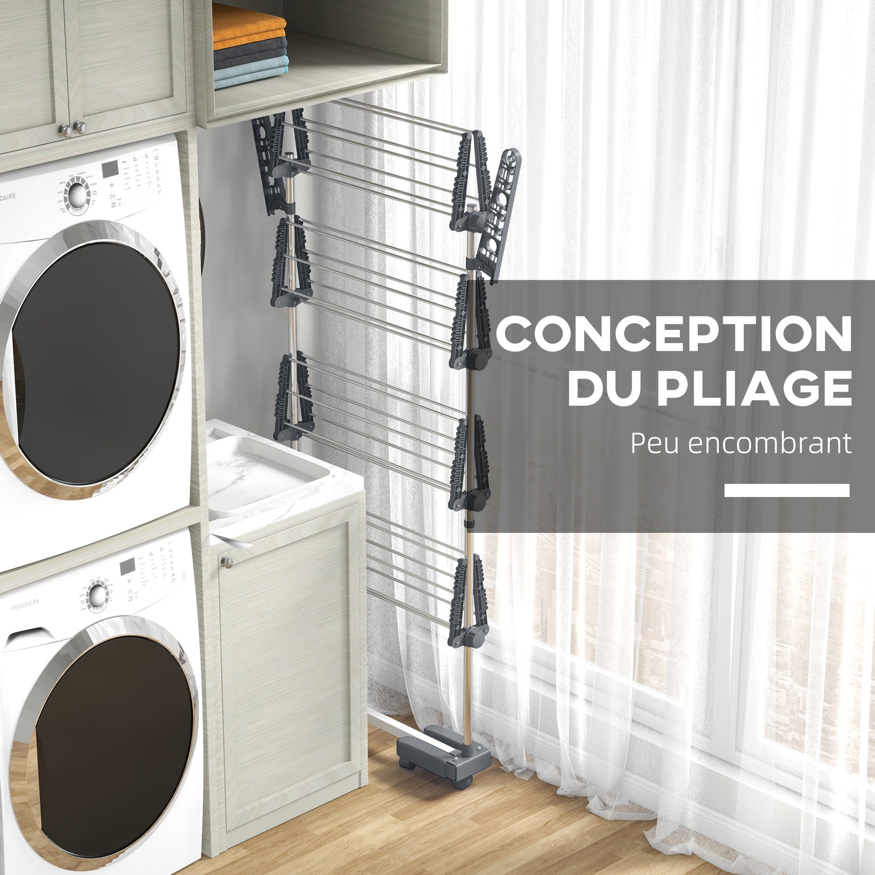 Séchoir à Linge étendoir pliable ailes latérales utilisation intérieure et extérieure 142 x 55 x 172 cm 4 niveaux gris