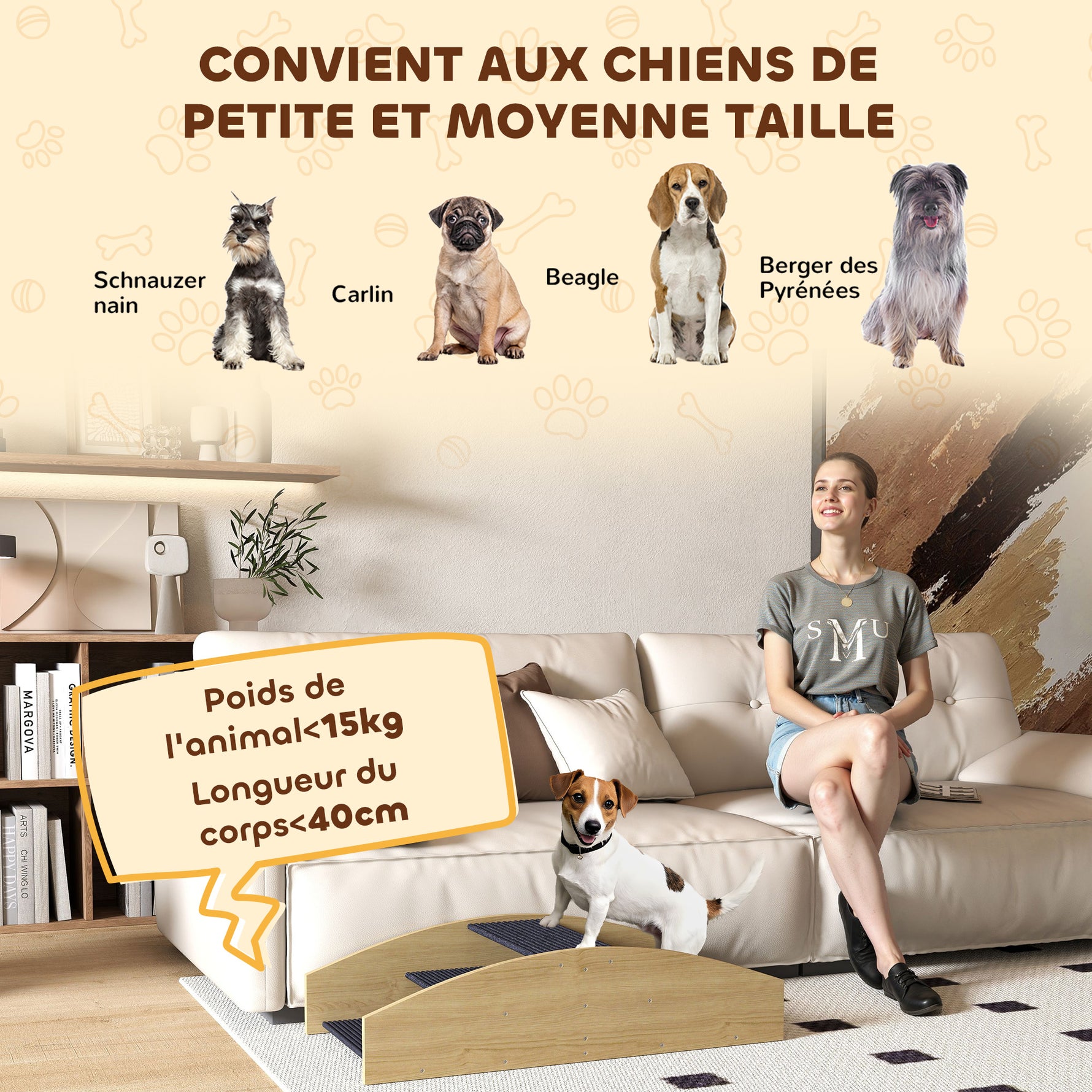 Bascule Chien Agility Réversible 2-en-1 Escalier pour Chien 3 Marches en Bois 80x39,5x20cm, Bois Naturel