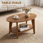 Table Basse Ovale à 2 Niveaux, Table de Salon Moderne avec Étagère Inférieure Ouverte, 80 x 50 x 45 cm, Chêne