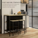 Ensemble table de bar et 2 tabourets style industriel avec étagère de rangement, repose-pieds, métal noir et aspect bois