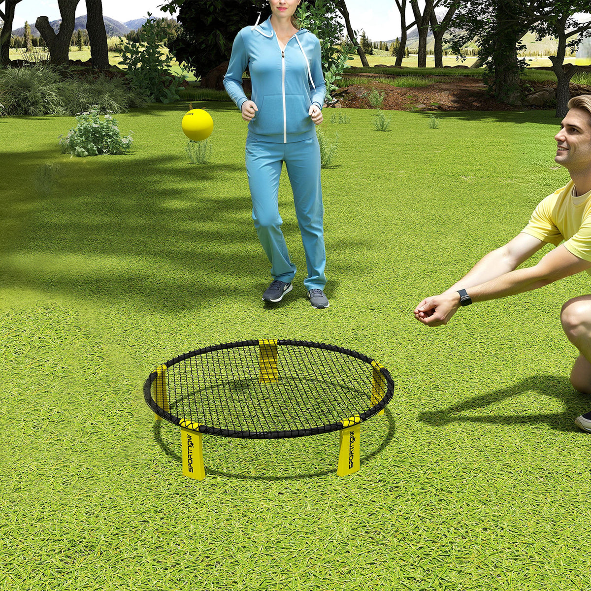 Set gioco di mini-pallavolo all'aperto con rete, 3 palloni e pompa, portatile con borsa per il trasporto gialla