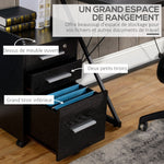 Caisson de bureau rangement bureau sur roulettes 3 tiroirs 1 verrouillable 1 trieur dossiers en bois noir