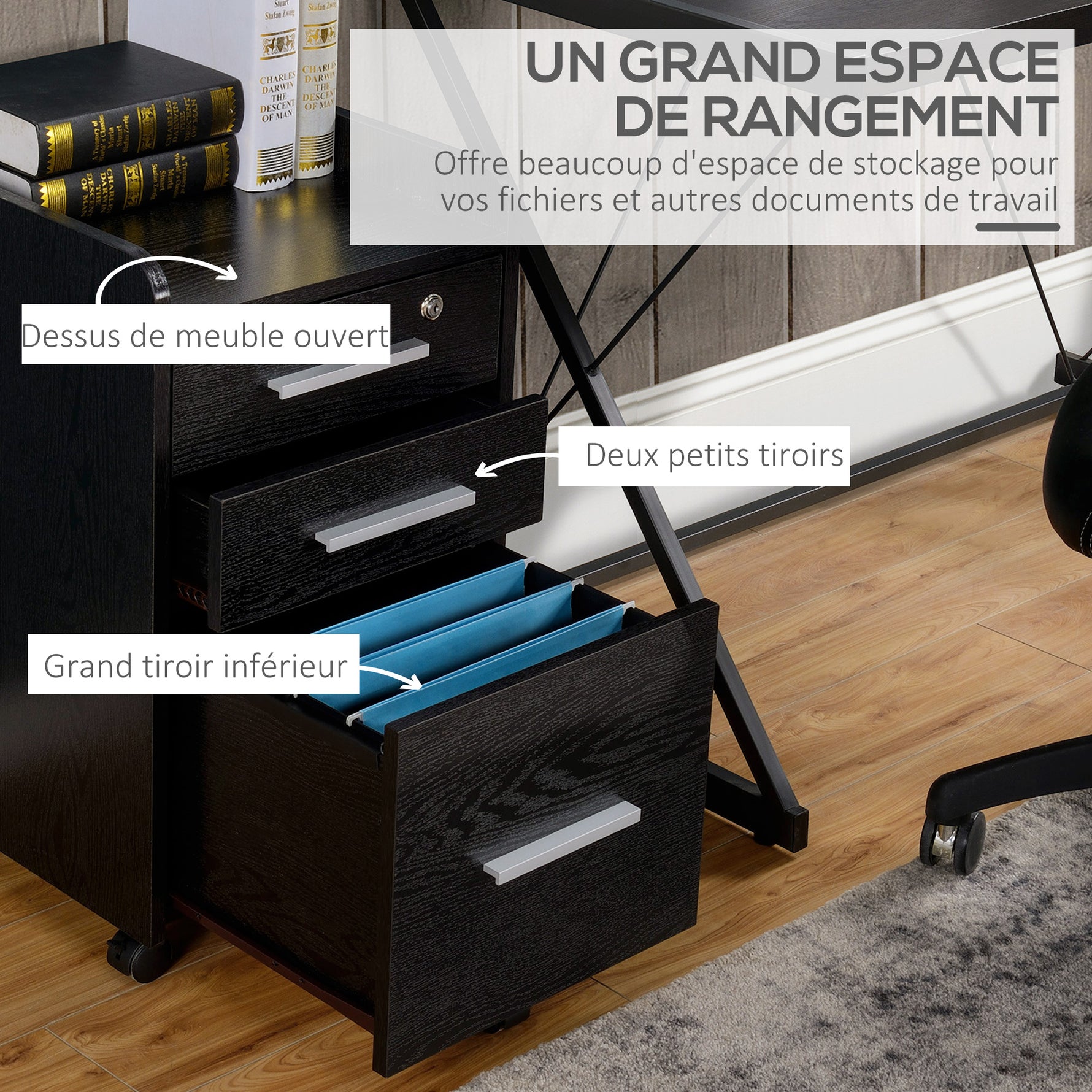 Caisson de bureau rangement bureau sur roulettes 3 tiroirs 1 verrouillable 1 trieur dossiers en bois noir