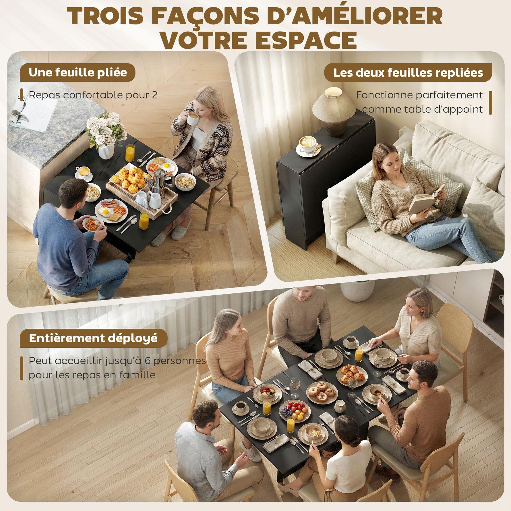 Table pliante de cuisine salle à manger amovible sur roulettes 75 x 140 x 74 cm coloris noir