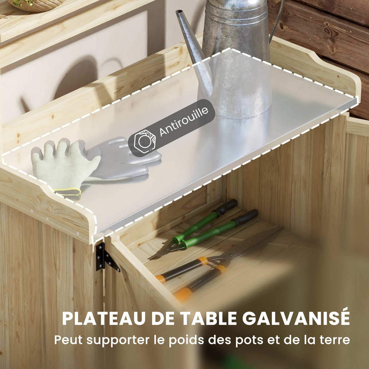 Table de rempotage table de jardinage placard et étagères et plateau patins antidérapants 90,5x41x124,5cm bois naturel