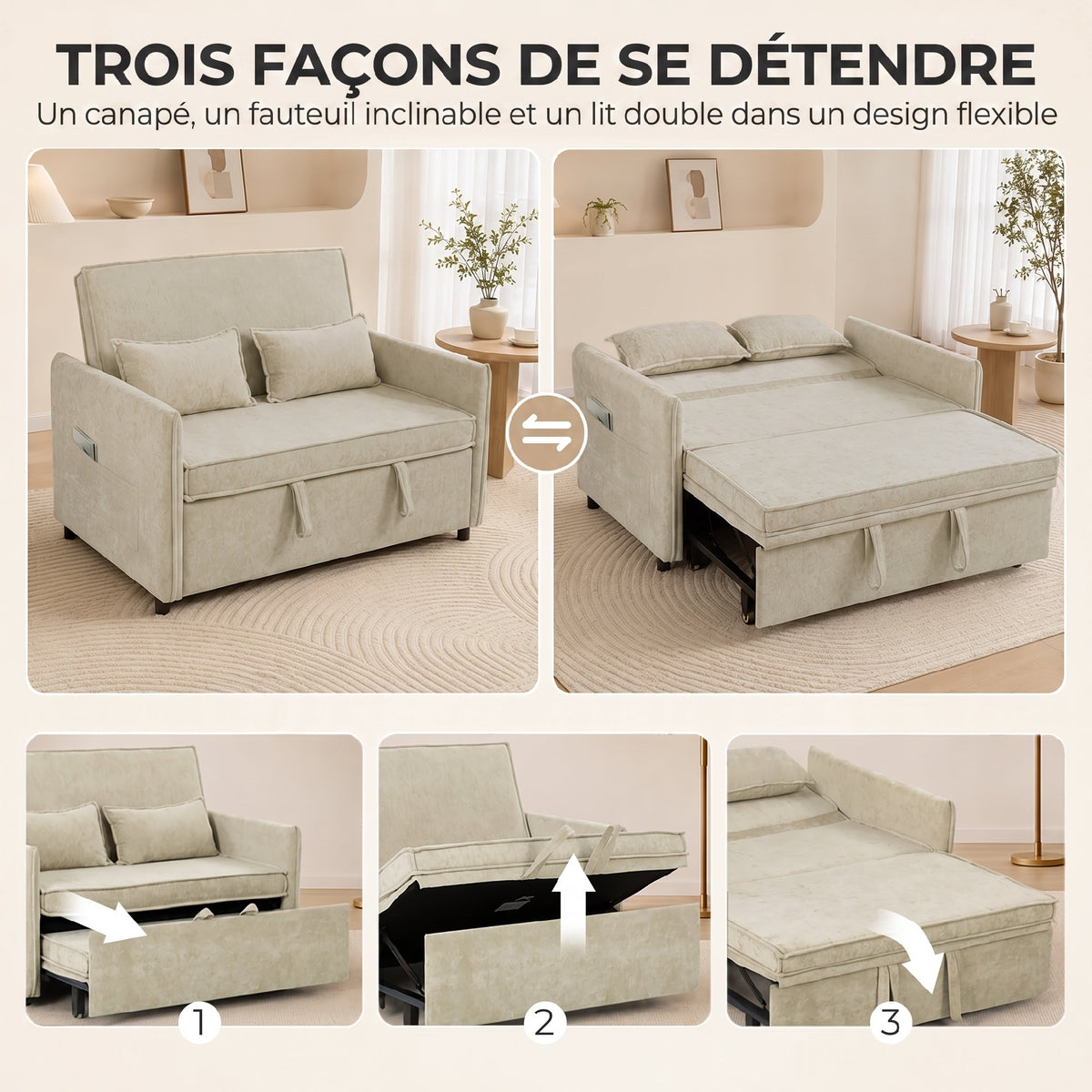 Canapé Convertible 2 Places, Canapé-Lit 3 en 1 Chenille 125 cm avec Dossier Réglable, Assise Large, 2 Oreillers, Crème
