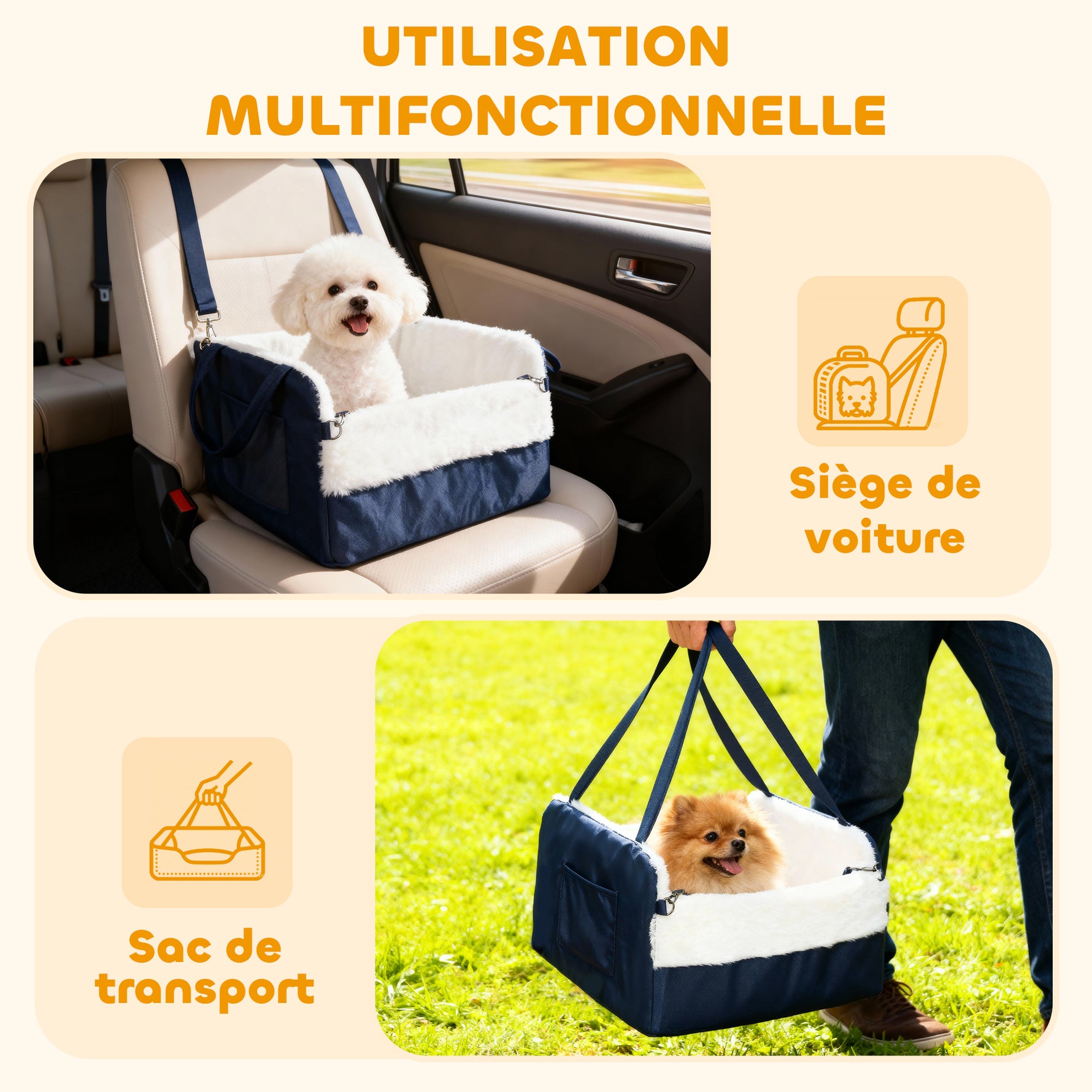 Siège auto pour chien avec ceinture de sécurité et fixation, siège de voiture pour chiens 55 x 46 x 32 cm bleu marine