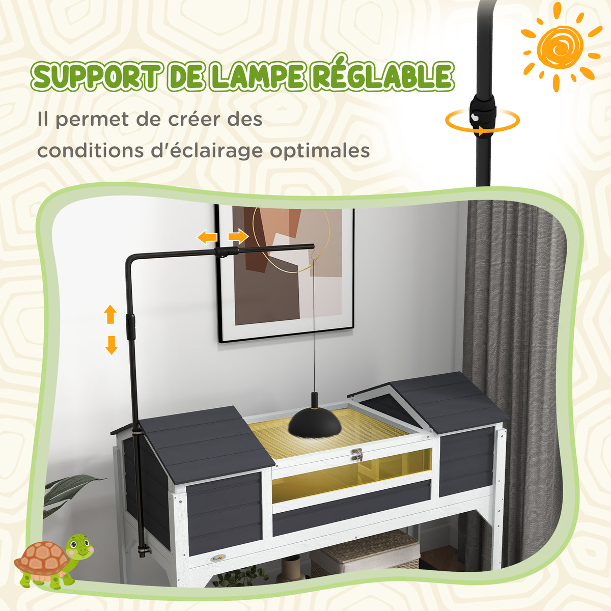 Maison tortue terrestre extérieure enclos tortue 2 niches support de lampe réglable bois massif 122 x 56,5 x 93 cm gris