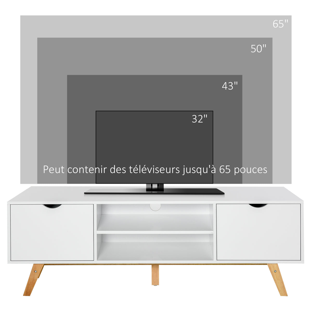 Meuble TV Banc TV sur Pied Moderne Scandinave 2 Portes 2 niches en Bois Blanc 150L x 39l x 50H cm