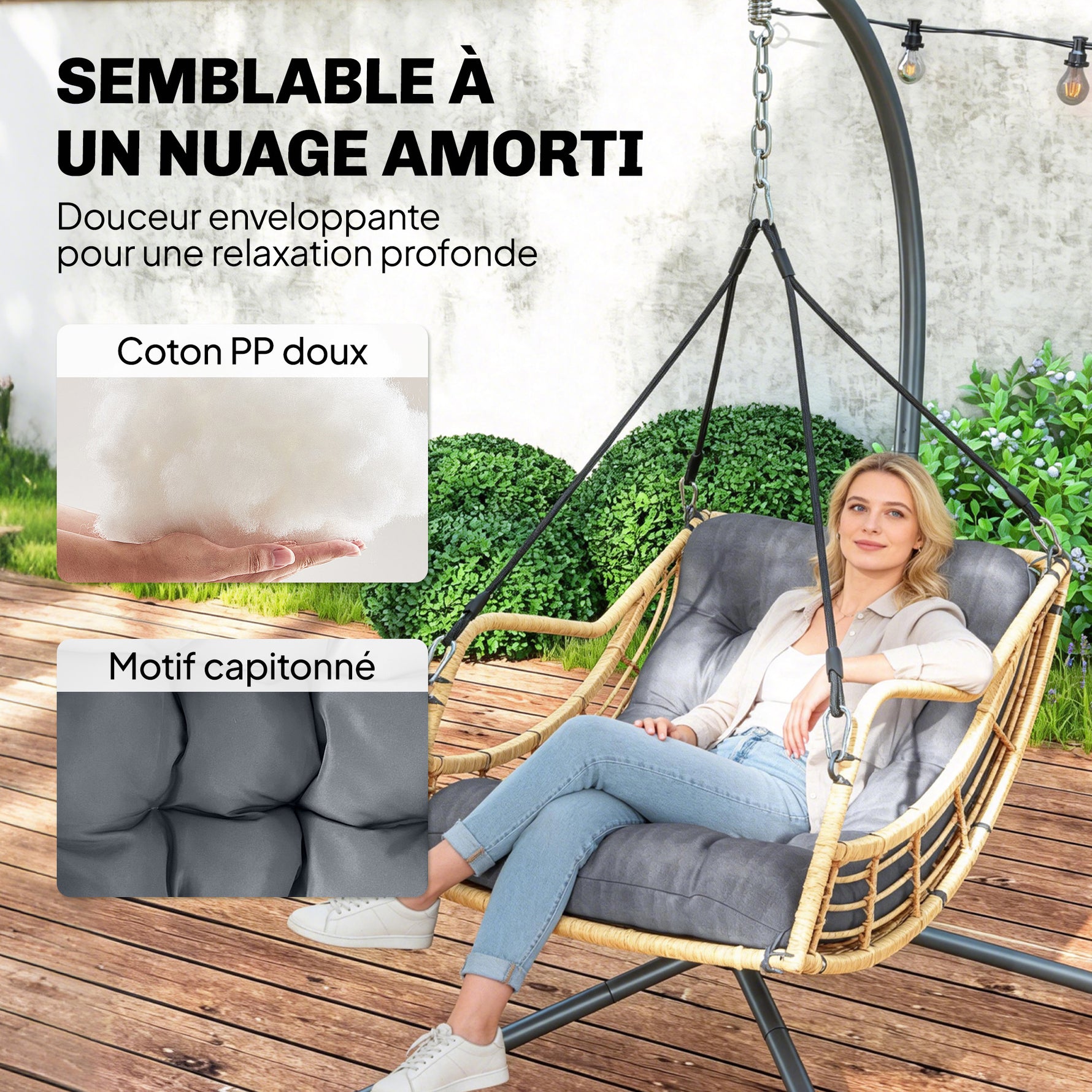 Fauteuil suspendu en résine tressée avec support, chaise suspendue, coussin, attache de sécurité, hauteur réglable, gris