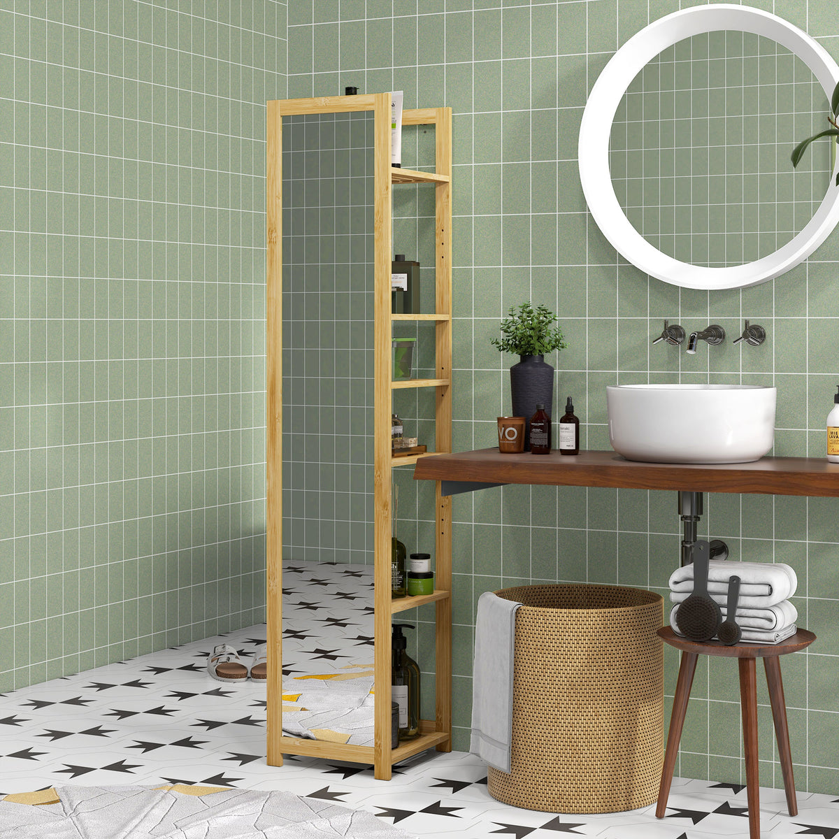 Meuble colonne de salle de bain à 6 niveaux en bambou avec miroir, 6 étagères, naturel, 35L x 35l x 168H cm