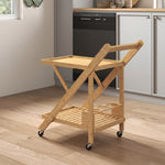 Desserte de cuisine en bambou chariot de service pliable 2 plateaux 4 roues 3 casiers à vin 66 x 40 x 70 cm bois naturel