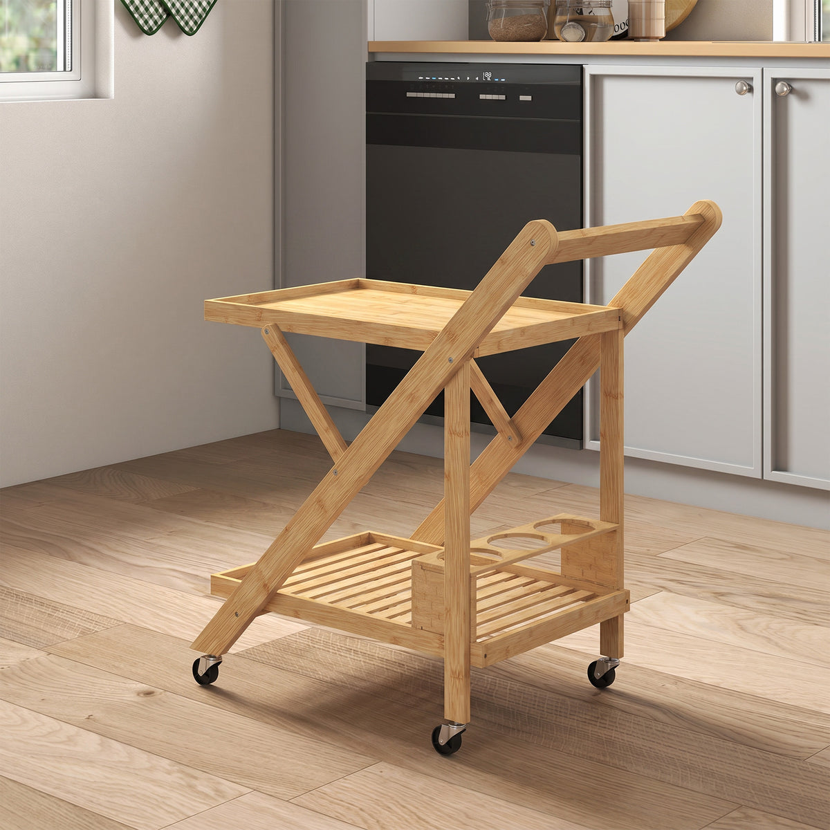 Desserte de cuisine en bambou chariot de service pliable 2 plateaux 4 roues 3 casiers à vin 66 x 40 x 70 cm bois naturel