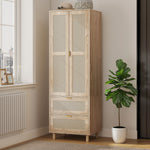 Schlafzimmerschrank mit 2 Rattantüren, 2 Schubladen und Kleiderstange, 63 x 47 x 185 cm, Naturholz