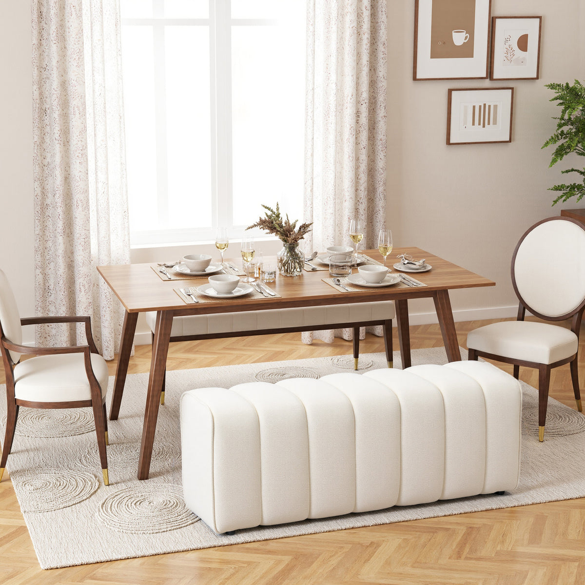 Banc bout de lit, banquette rembourrée, style moderne, ottoman en tissu aspect lin, 110 x 40 x 44 cm, crème