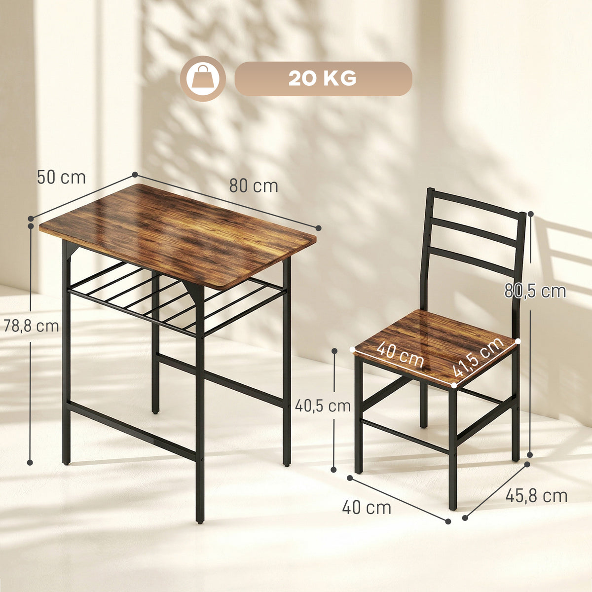 Ensemble table salle à manger avec 2 chaises, table de cuisine avec chaises pour 2 personnes, cadre en métal, marron